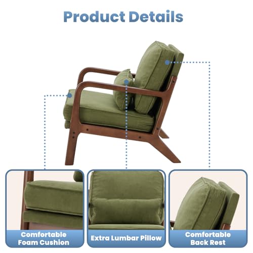 Mid Century Modern Accent Chair, Upholstered Low Armchair with Lumbar Pillow and Solid Wooden Frame, Lounge Chair for Small Living Room, Bedroom, Reading Nook, Green