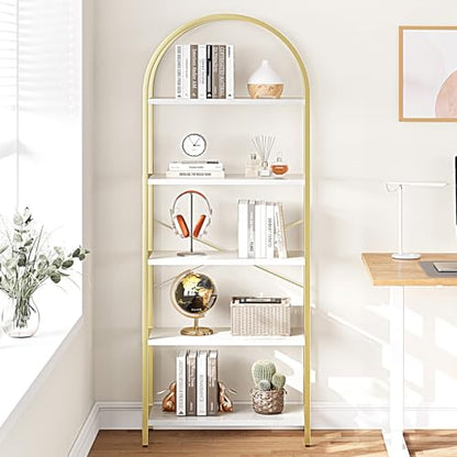 Bookshelf 5 Tier Bookcase Arched Display Racks Tall Standing Bookshelves Metal Frame Modern Storage Rack Shelf Large Wood Book Shelf for Bedroom, Living Room, Home Office, White/Gold