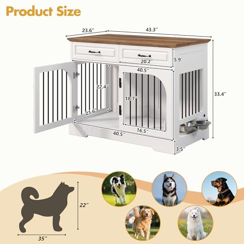 43.3" Farmhouse Dog Crate Furniture with Rotating Bowls & Drawers – Wooden, view 4