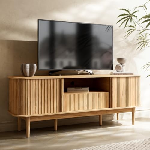 Modern TV Stand for 45/55/70 inch TV, Entertainment Center with Sliding Doors and Storage, Wood TV Stand for Bedroom, Living Room, Natural