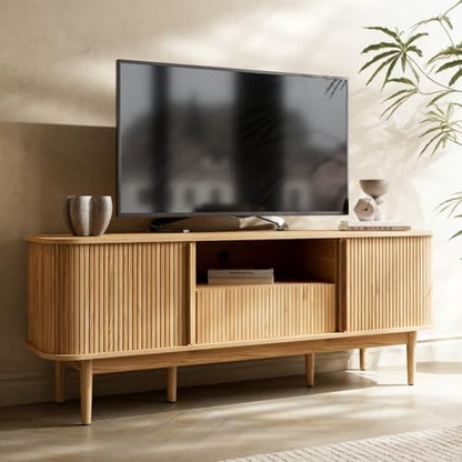 Modern TV Stand for 45/55/70 inch TV, Entertainment Center with Sliding Doors and Storage, Wood TV Stand for Bedroom, Living Room, Natural