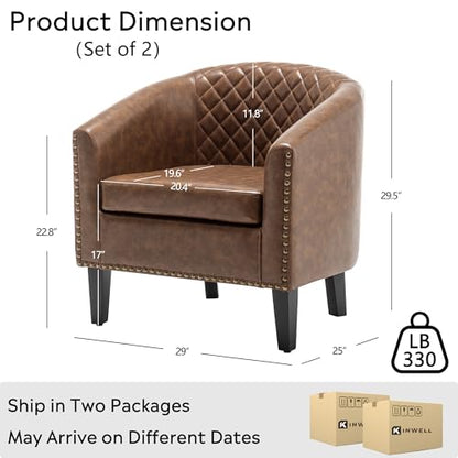 29" W Faux Leather Barrel Chairs Set of 2, Modern PU Upholstered Tufted Club Chairs with Nailhead Trim, Small Armchairs Accent Chairs for Living Room Bedroom Apartment Lounge Nursery, Coffee