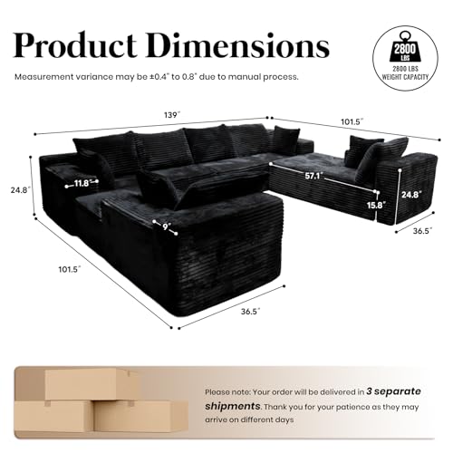 139'' U Shaped Sectional Couches for Living Room, 8 Seater Faux Fur Modular Boneless Cloud Sofa with Chaise Lounges, 4-in-1 Flexible Combination Deep Seat Corner Large Couch,No Assembly Black