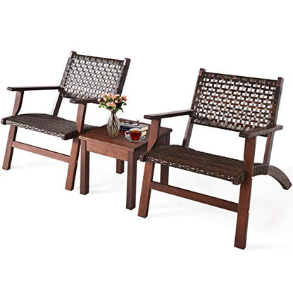 3 Pieces Patio Conversation Set, Solid Eucalyptus Wood Frame Outdoor Wicker Furniture Set Bistro Set with Coffee Table, Rattan Furniture Set for Backyard Porch Garden Poolside Balcony (Brown)