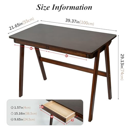 Computer Desk with Drawers, Solid Wood Writing Desk, Mid Century Modern Home Office Desks, Oak Study Table, Small Desk for Bedroom, 29.1 H x 39.4 W x 21.7 D Inches, Walnut