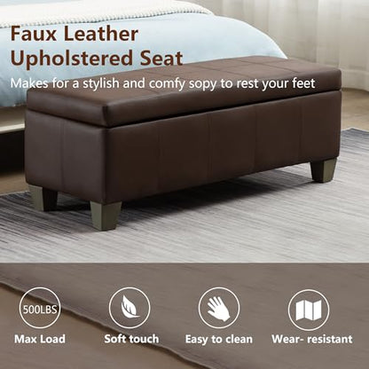 41" Storage Ottoman, Storage Bench with Safety Hinge, Upholstered Synthetic Leather Ottoman Bench for Bedroom, Living Room, Entryway, Hallway, Foot Rest, Support 500lbs, Brown
