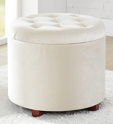 18" Round Storage Ottoman with Lid, Holds 300 lbs, Cream | Velvet Tufted Fabric; Foot Rest Stool & Vanity Chair For Living Room, Bedroom Or Entryway