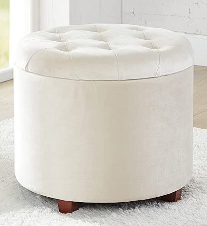 18" Round Storage Ottoman with Lid, Holds 300 lbs, Cream | Velvet Tufted Fabric; Foot Rest Stool & Vanity Chair For Living Room, Bedroom Or Entryway