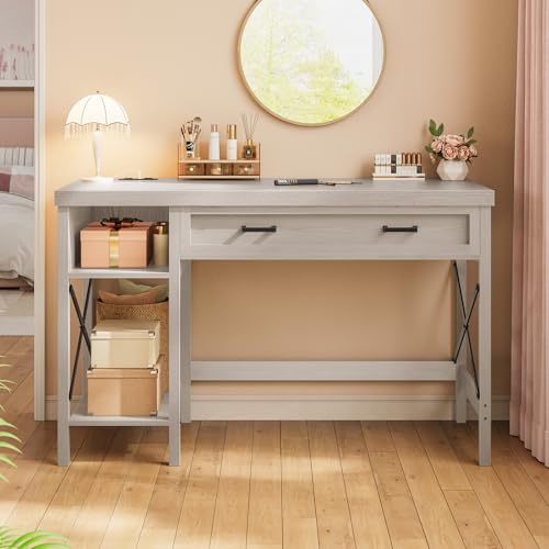 Farmhouse Small Desk with Drawers, 40" Computer Desk with Storage Shelves, Writing Desk for Small Space and Power Outlet, Desk for Bedroom, Home Office, Mahogany Grey