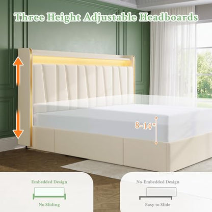 King Size Bed Frame Upholstered Headboard Storage Drawer Dustproof, view 3