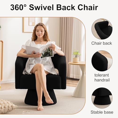 Swivel Barrel Accent Chair, Oversized Teddy Upholstered Round Swivel Chairs Set of 2, Modern Luxury 360° Living Room Vanity Chair for Bedroom Office&Living Room, Black