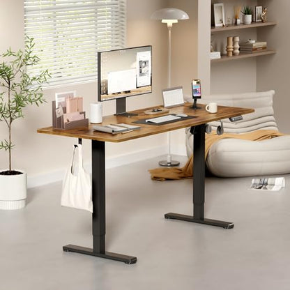 Height Adjustable Electric Standing Desk, 55 x 24 Inches Memory Home Office Sit Stand up Desk with Phone Holder and USB Charging Port, Rustic Brown