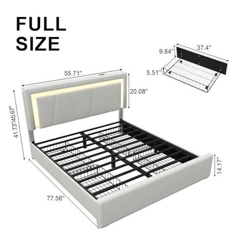Full Size Bed Frame with 4 Storage Drawers, LED Light, White Upholstered, view 3