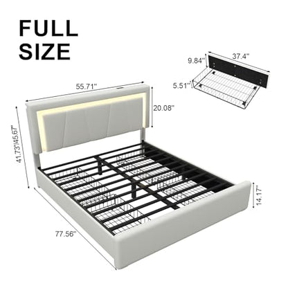 Full Size Bed Frame with 4 Storage Drawers, LED Light, White Upholstered, view 3