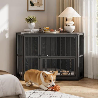Corner Dog Crate Furniture for Small Dogs, Indoor Kennel End Table, Black, view 4