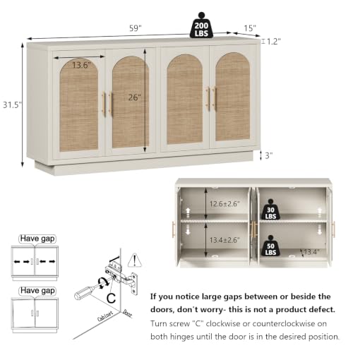 59" Rattan Sideboard Buffet Cabinet with Storage, 4 Arched Doors, view 3