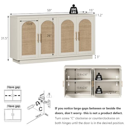59" Rattan Sideboard Buffet Cabinet with Storage, 4 Arched Doors, view 3