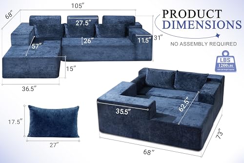 105" L-Shape Modular Sectional Sofa Couch for Living Room,No Assembly Required,Modular Comfy Sofa with Deep Seat for Living Room Bedroom,Luxury Distressed Velvet(Left,Blue)