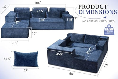 105" L-Shape Modular Sectional Sofa Couch for Living Room,No Assembly Required,Modular Comfy Sofa with Deep Seat for Living Room Bedroom,Luxury Distressed Velvet(Left,Blue)