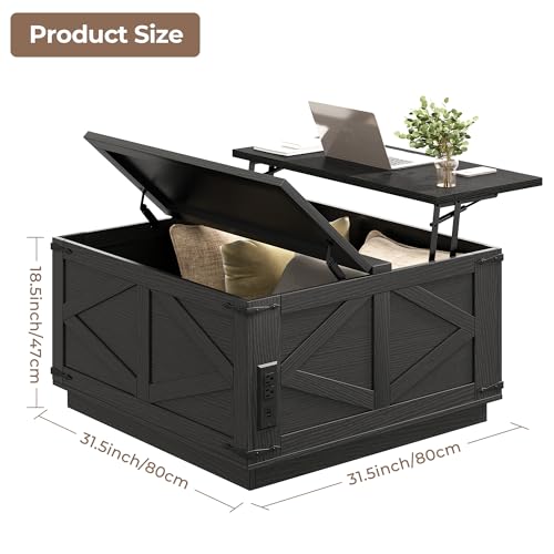 Farmhouse Lift Top Coffee Table, Square Wood Center Table with LED Lighting, USB-C Charging Station, and Hidden Storage Compartment - Rustic Black Living Room Furniture