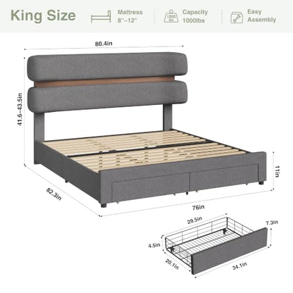 Queen Upholstered LED Bed Frame with Wood Trim Headboard & Storage, Grey, view 3