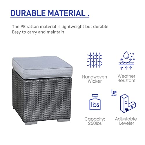 2 Pieces Assembled Outdoor Patio Ottoman, Indoor Outdoor All-Weather Grey Wicker Rattan Outdoor Footstool Footrest Seat with Light Grey Cushions, No Assembly Required
