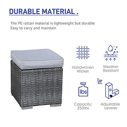 2 Pieces Assembled Outdoor Patio Ottoman, Indoor Outdoor All-Weather Grey Wicker Rattan Outdoor Footstool Footrest Seat with Light Grey Cushions, No Assembly Required