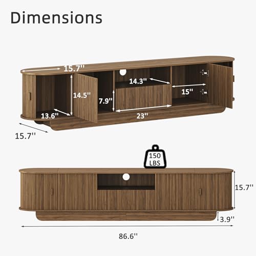 86.6'' Fluted TV Stand for 55-85 Inch, Walnut TV Console, view 3
