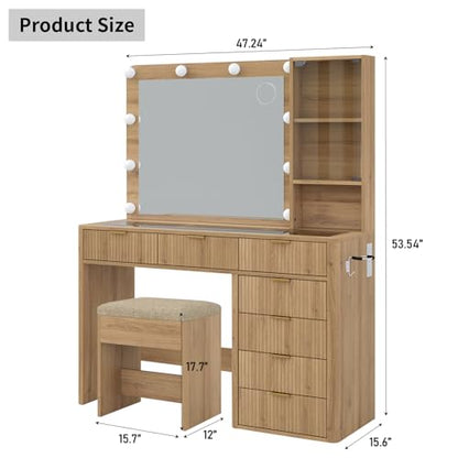 Yanosaku 47" Fluted Vanity Desk with Mirror & LED Lights, view 3