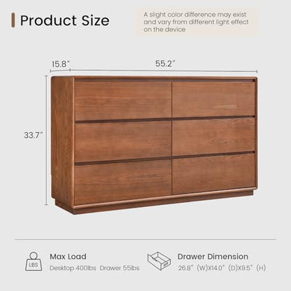 Solid Wood Dresser for Bedroom, Natural Solid Wood 6 Drawer Dresser,55.2" Wide Mid Century Modern Chest of Drawers, Closet Storage Organizer for Living Room, Bedroom