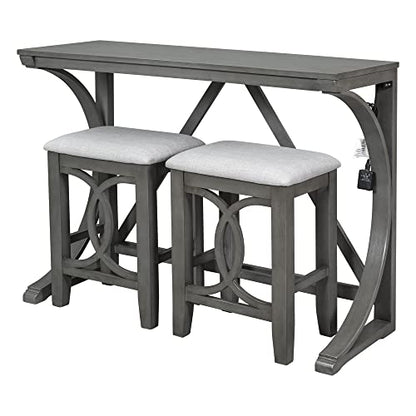 RuiSiSi 3 Piece Counter Height Dining Set, Farmhouse Kitchen Table Set with USB Port and 2 Upholstered Stools, Breakfast Nook Set for Kitchen, Dining Room, Living Room, Grey