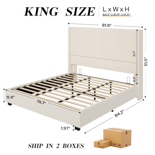 51 Inch Tall Wingback Headboard King Size Lift Up Storage Bed Frame, Beige, view 3
