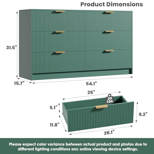 6 Drawers Dresser - Modern Fluted Double Chest of Drawers, Green, view 3