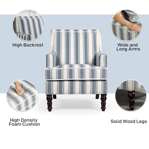 Accent Chair, Comfy Cozy Modern Mid-Century Accent Chairs, Linen Upholstered Lounge Arm Chair with Solid Wood Reading Side Padded Single for Living Room/Office/Balcony/Bedroom-Blue Stripe
