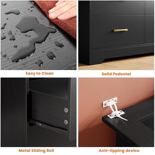 6 Drawer Dresser with LED Light and Charging Station, Black, view 7