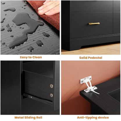 6 Drawer Dresser with LED Light and Charging Station, Black, view 7