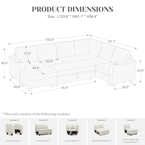 Sleeper Sofa Modular Sectional Pull Out Couch Bed U Shaped Sofa Couch for Living Room with Storage Chaise. White