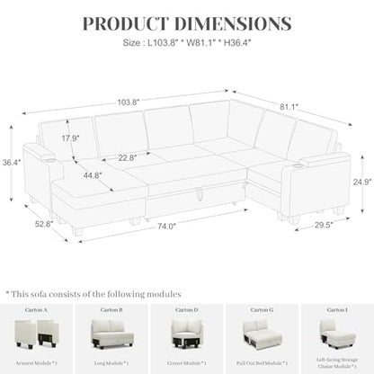 Sleeper Sofa Modular Sectional Pull Out Couch Bed U Shaped Sofa Couch for Living Room with Storage Chaise. White
