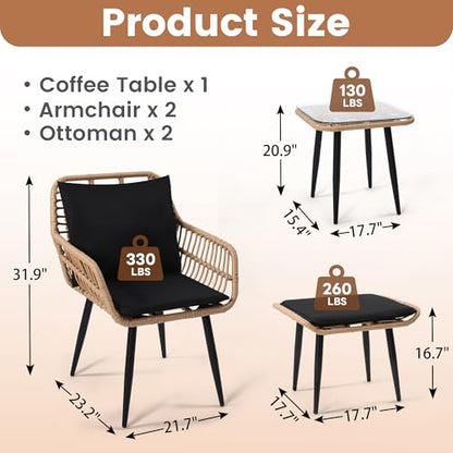 5 Piece Wicker Bistro Patio Conversation Furniture Set, Natural | Includes 2 Chairs, 2 Ottomans, and Side Table, Ideal for Porch, Balcony, Deck, Backyard