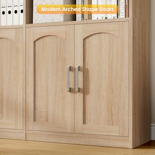 Bookshelf and Bookcase with Doors, 6 Tier Double Wide Large Bookshelves, Open Display Shelves, 73'' Tall Bookshelf with Storage Cabinets for Home Office, Living Room, Library, Oak