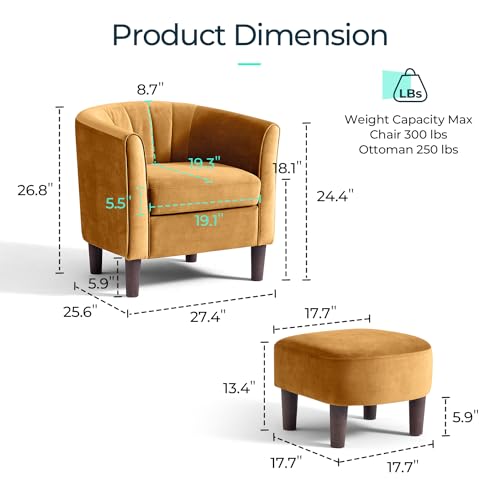 Accent Chair with Ottoman, Modern Barrel Chair Small Armchair Reading Chair with Footrest, Comfy Round Arms Chair for Living Room Bedroom Reading Room, Velvet, Yellow