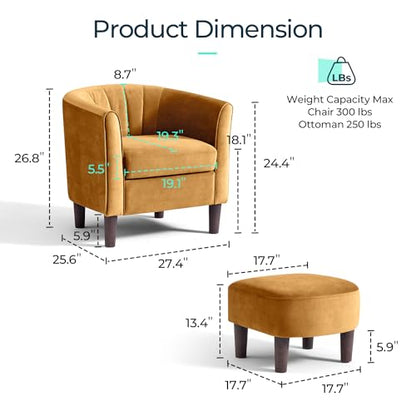 Accent Chair with Ottoman, Modern Barrel Chair Small Armchair Reading Chair with Footrest, Comfy Round Arms Chair for Living Room Bedroom Reading Room, Velvet, Yellow