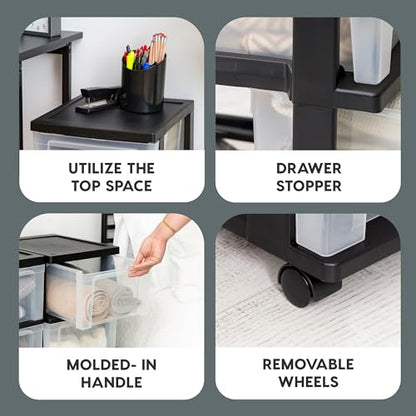 Plastic 3-Drawer Storage Organizer Rolling Cart, with Wheels Casters, 2-Pack, for Classroom Art Supplies Bathroom Dorm Bedroom Laundry Room, Slim Narrow, Black/Clear