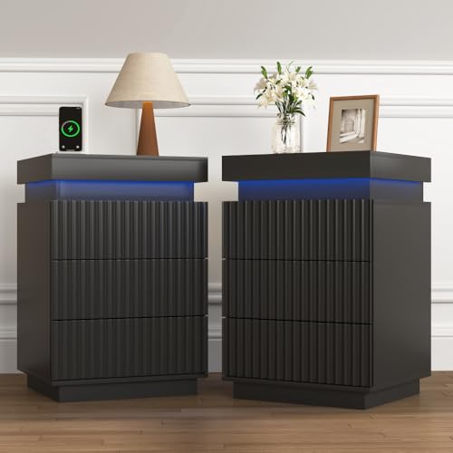(Set of 2) End Table with Fast USB C Charging Station, Sofa Side Table with 2 Drawers and LED Lights, Large Storage Modern Wood Storage Cabinet for Living Room,Bedroom,Office, Black