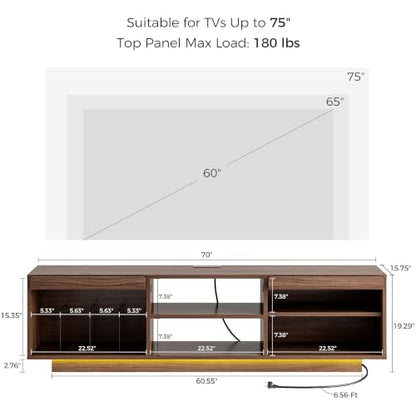 70 Inch TV Stand with Storage for Living Room, Walnut, view 3