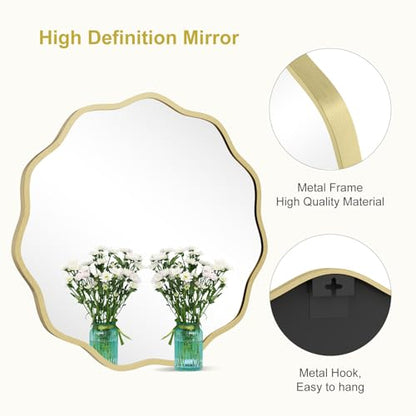 Round Wavy Mirror for Wall Decorative 24 inch, Modern Round Mirror Aluminum Frame for Bathroom Bedroom Living Room Home House Office Entryway, Gold