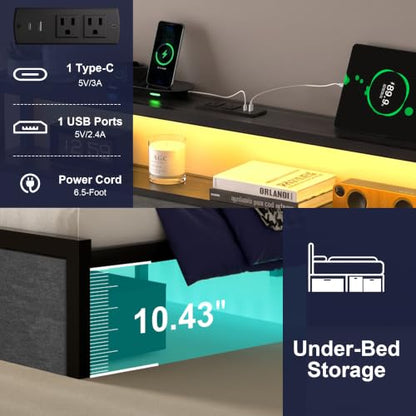 Full Bed Frames with LED Lights and Charging Station, view 7
