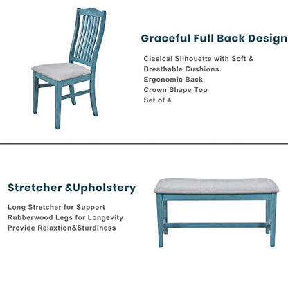 LUMISOL 6-Piece Solid Wood Dining Table Set, Farmhouse Kitchen Table Set with 4 Upholstered Chairs, Bench and Storage Drawers for Kitchen, Dining Room, Living Room, Antique Blue