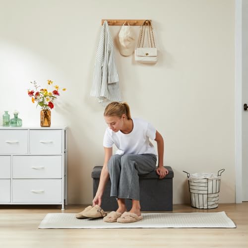 30 Inch Folding Storage Ottoman Bench, Large Hidden Storage Chest with Padded Seat, Foot Rest Stool Supports Up to 660Lbs, End of Bed Bench for Bedroom, Living Room, Linen Fabric, Grey