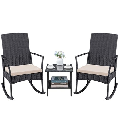 3 Pieces Patio Furniture Set Outdoor Wicker Rocking Chairs with Glass Coffee Table for Garden Backyard Porch Poolside, Beige
